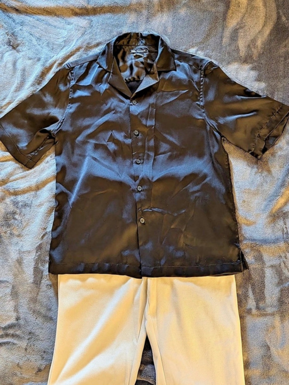 Zara Men’s Satin Effect Camp Collar Shirt & Cream Textured Trousers Set Size S